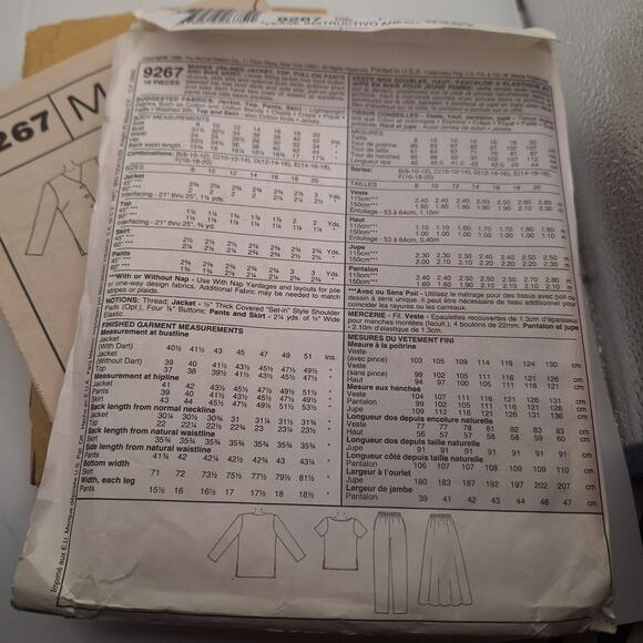 1998 MCCALL'S PATTERN 9267 MISSES JACKET, TOP, PANTS, SKIRT SIZE 16 - 20 - Picture 2 of 10